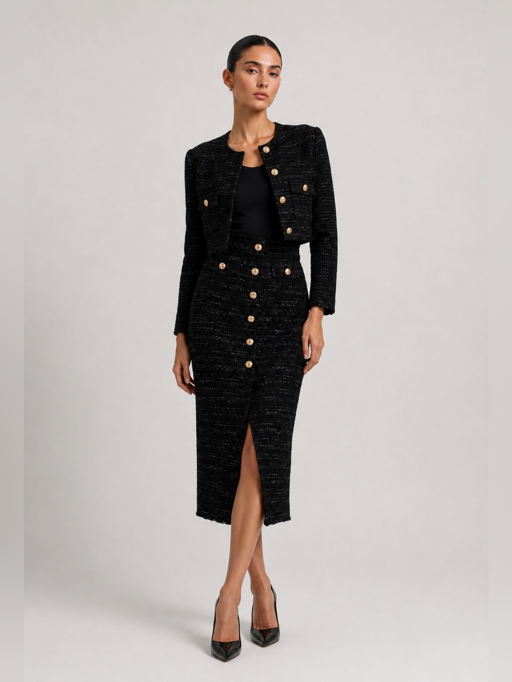Zara Tweed Black Pencil Skirt with Gold Buttons